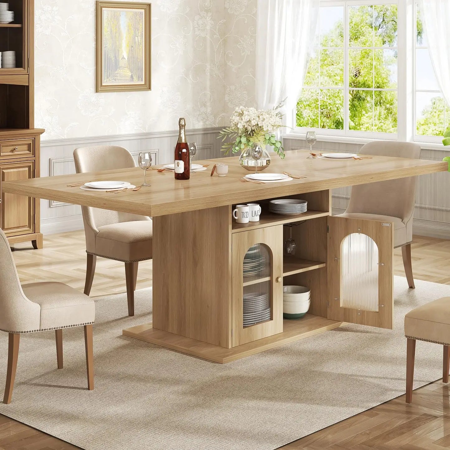 63" Rectangle Dining Table Seats 4-6 Faux Marble Top Storage Shelves Cabinet Kitchen Home Apartment White, Customized (Multiple colors)