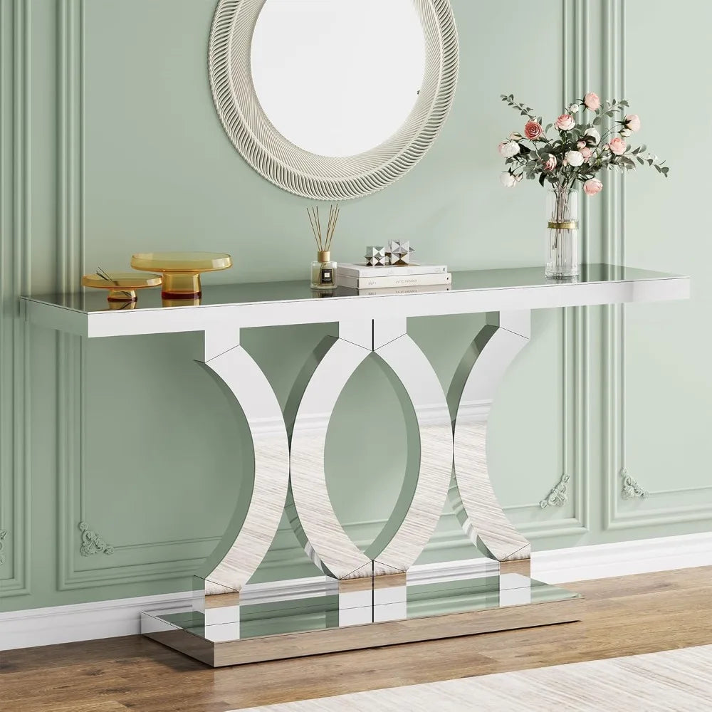 55 Inches Mirrored Console Table, Entryway Table with Geometric Base, Modern Sofa Table Behind Couch for Living Room, Accent Tab
