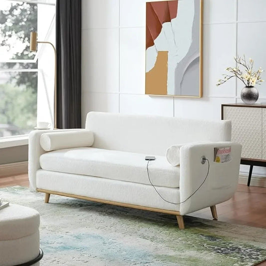 Loveseat Sofa, White Sherpa Couch with LED Lights and USB Ports Modern Fluffy Love Seat Couches 2 Seater Comfy Washable