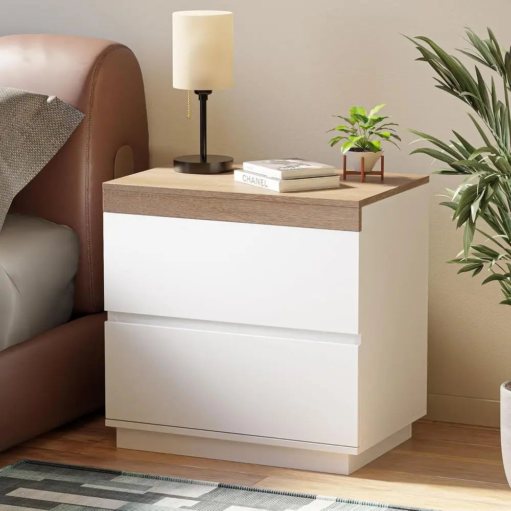 Nightstand with Oak Top, 23.7" White Night Stand with 2 Drawers, Modern Bedside Table Wood End Table for Bedroom-Customized