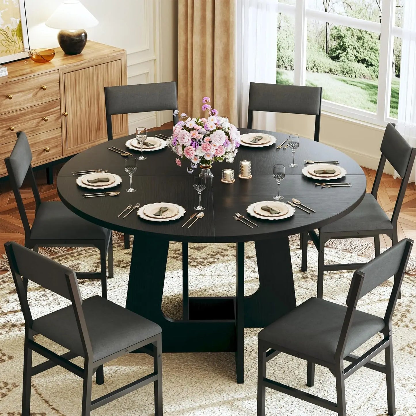 7pc Round Dining Table Set for 6 Wood Base Space Saving Kitchen Living Room, Customized