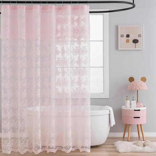 Pink Shower Curtain with Shabby Chic Lace Floral Design for Girly Summer Bathroom Decor Sheer Vintage Coquette Style with Scall