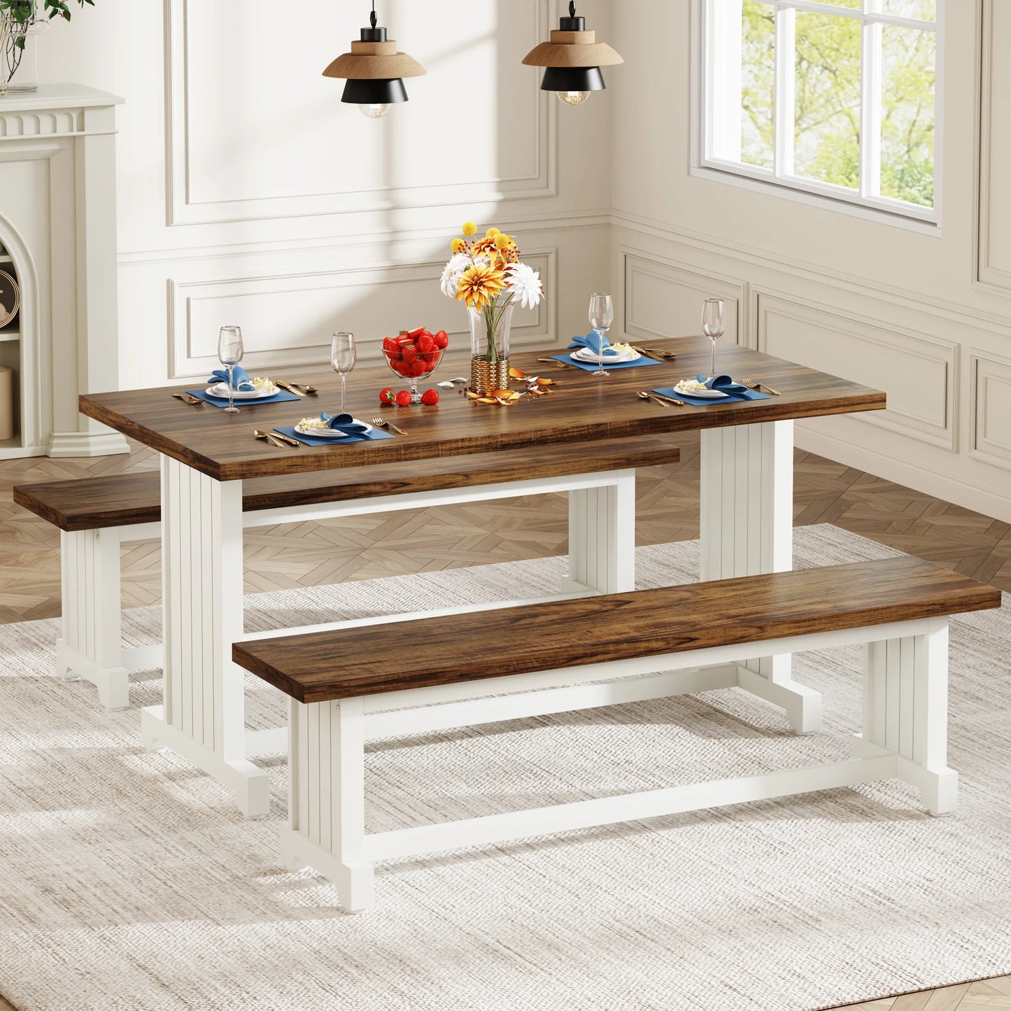 Tribesigns 47" Small Dining Table Set for 2, 3-Piece Kitchen Table with 2 Benches, Farmhouse Wood Dinner Furniture