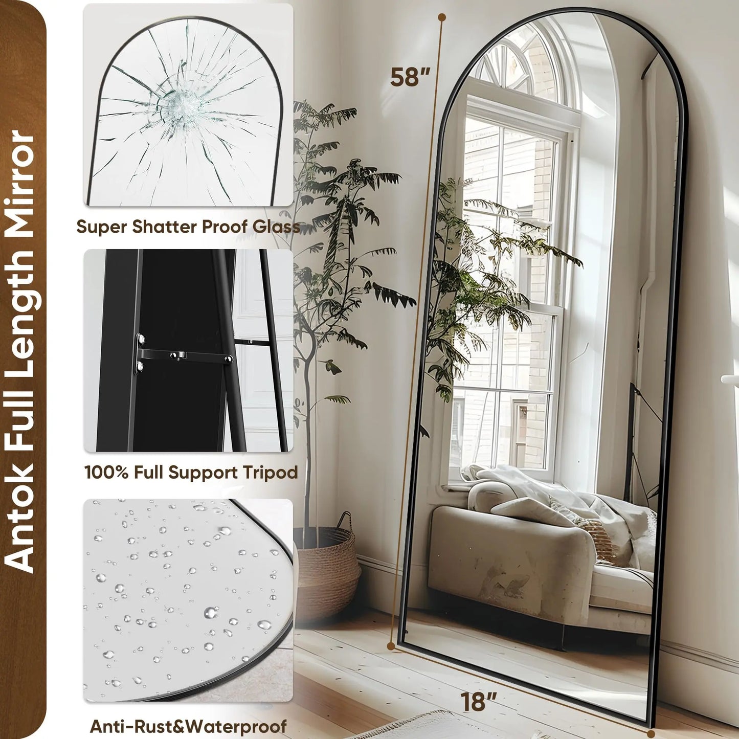 Arch Floor Mirror, 58"x18" Full Length Mirror - Freestanding Full Body Mirror with Stand for Bedroom or Living Room