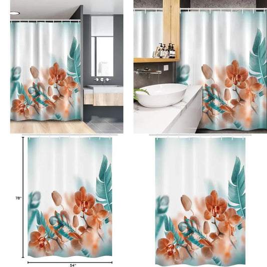 tropical shower curtain: orchid blooms and lush leaves on a soft blurry background, modern floral art design