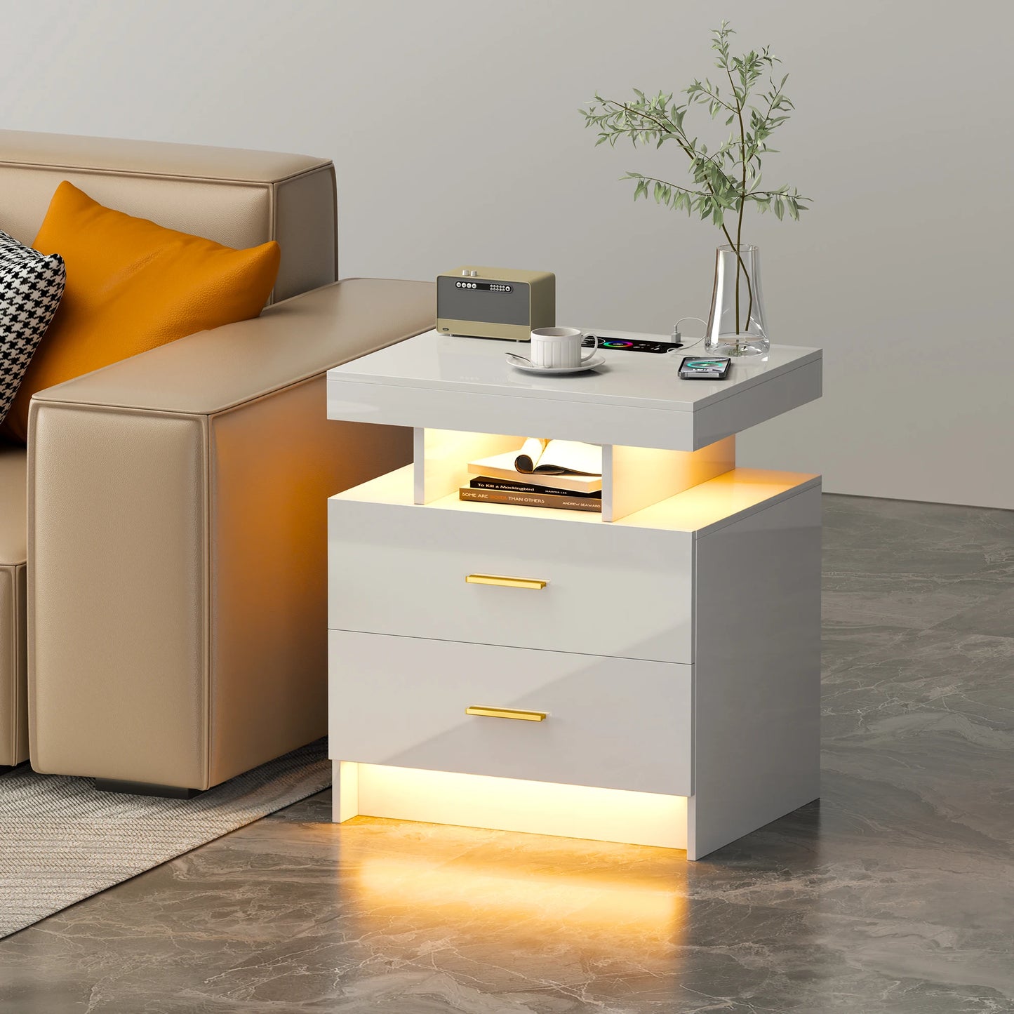 JDPAG LED Nightstand, RGB Black Night Stand with USB/Wireless Charging Station, Modern Bedside Table has Auto Sensor RGB Lights