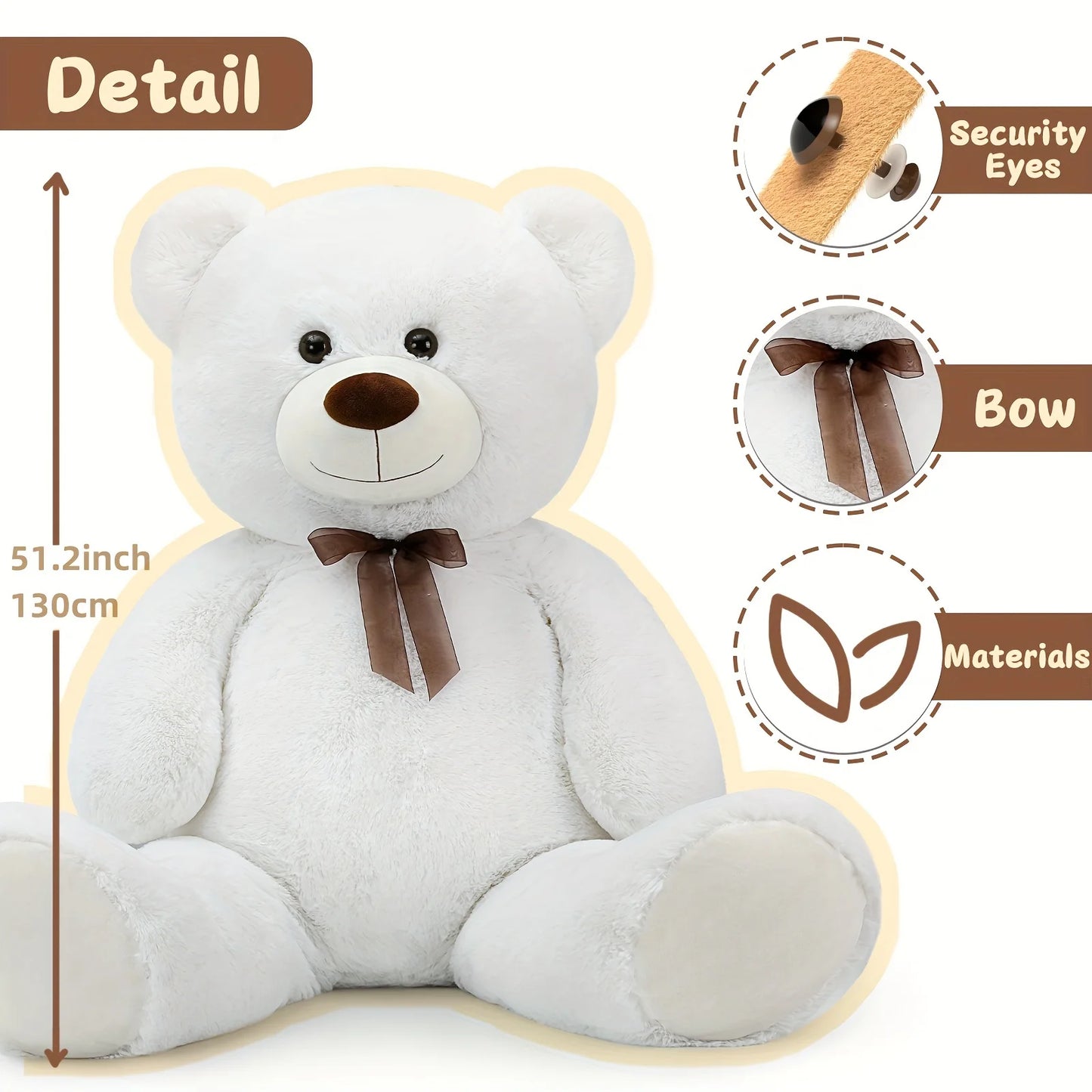 Giant Teddy Bear Stuffed Animal XXL 51.18inch, White Large Bear Plush Soft Cuddly Toy Big Size