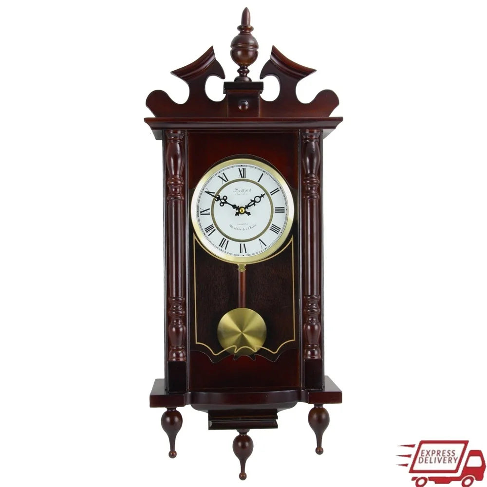Classic 31 Inch Chiming Wall Clock with Roman Numerals Swinging Pendulum Decorative Wood Metal Design Home Office Decor