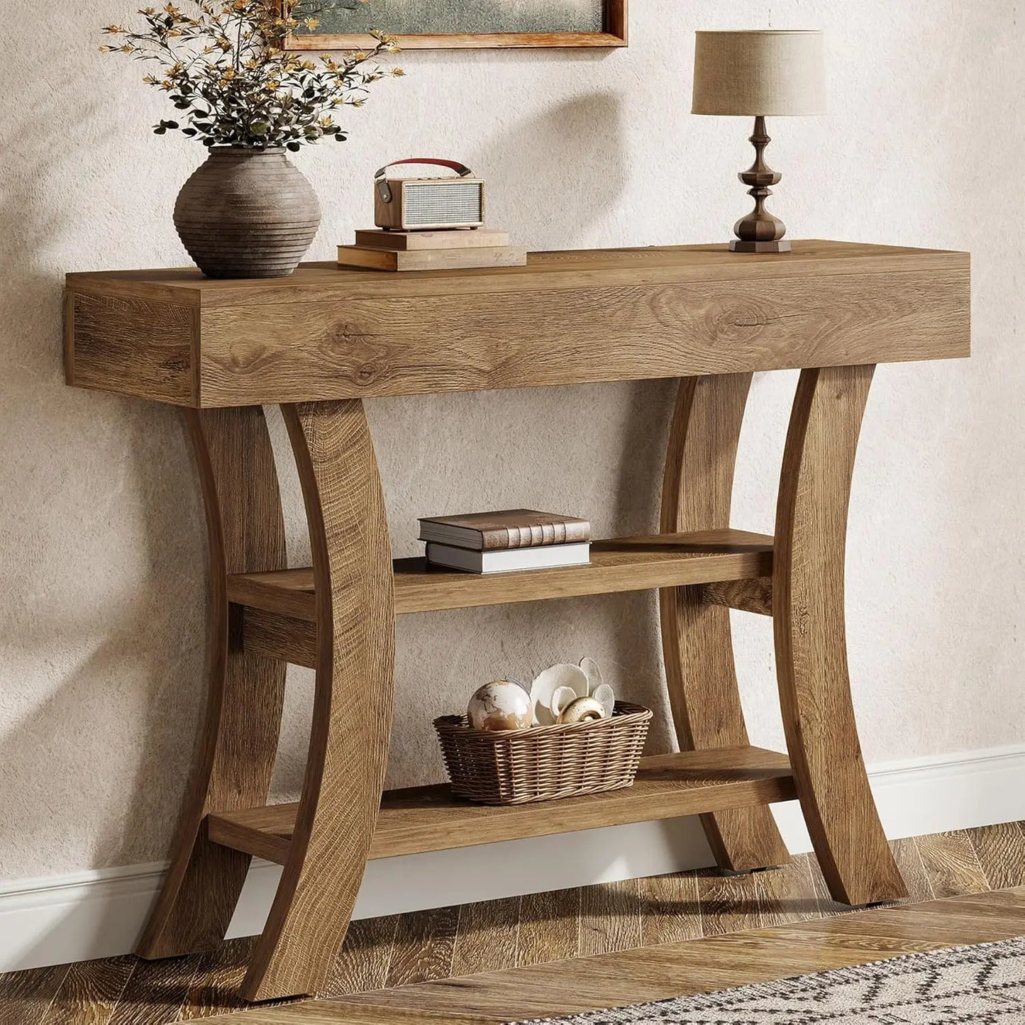41" Small Console Table for Entryway, 3-Tier Narrow Rustic Sofa Table with Storage Shelves and Curved Frame for, Customized